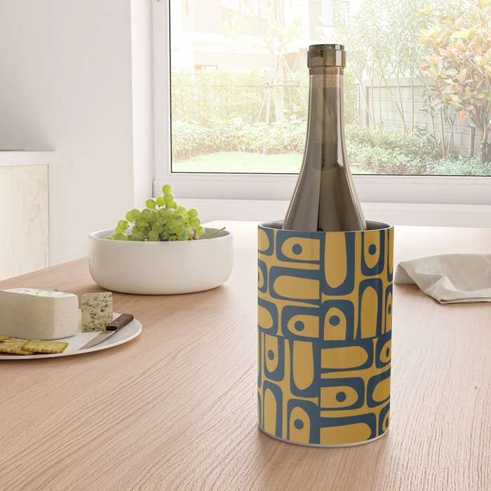 Mid Century Modern Piquet Abstract Multi Geometric Pattern in Dark Mustard and Navy Blue Wine Chiller Gallery Image 4