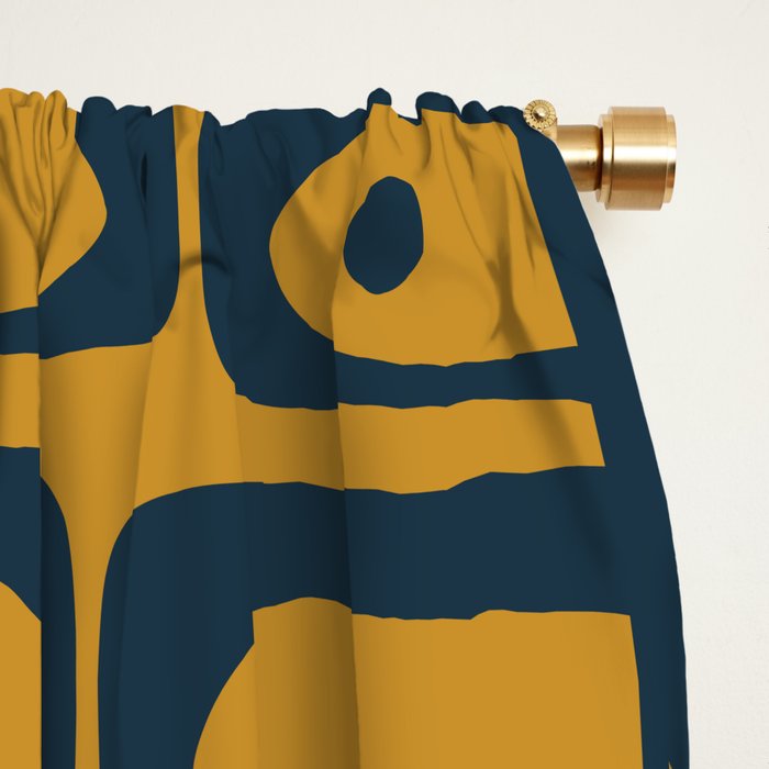 Mid Century Modern Piquet Abstract Multi Geometric Pattern in Dark Mustard and Navy Blue Window Curtain Gallery Image 2