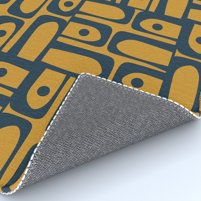 Mid Century Modern Piquet Abstract Multi Geometric Pattern in Dark Mustard and Navy Blue Rug Gallery Image 4
