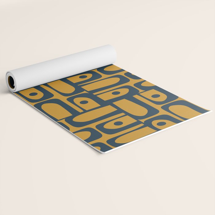 Mid Century Modern Piquet Abstract Multi Geometric Pattern in Dark Mustard and Navy Blue Yoga Mat Gallery Image 2