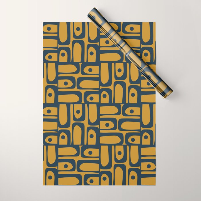 Mid Century Modern Piquet Abstract Multi Geometric Pattern in Dark Mustard and Navy Blue Wrapping Paper Gallery Image 1
