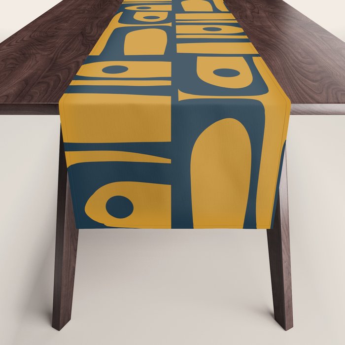 Mid Century Modern Piquet Abstract Multi Geometric Pattern in Dark Mustard and Navy Blue Table Runner Gallery Image 1