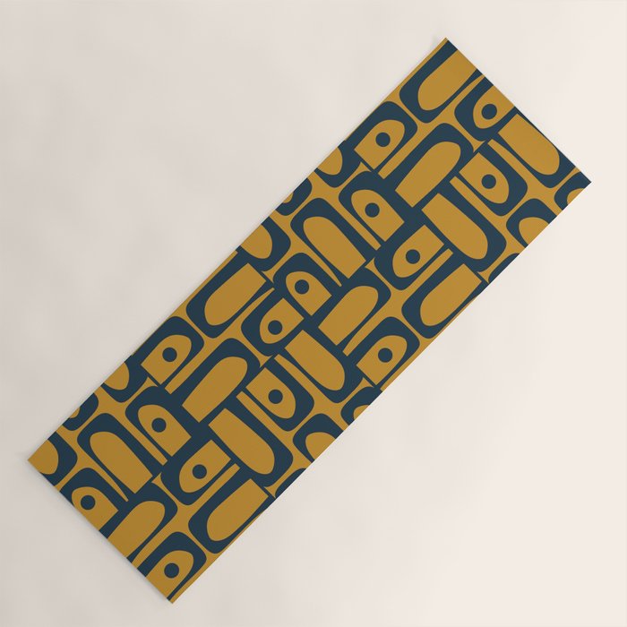 Mid Century Modern Piquet Abstract Multi Geometric Pattern in Dark Mustard and Navy Blue Yoga Mat Gallery Image 1