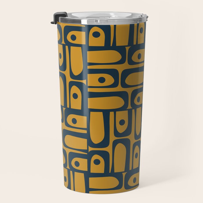 Mid Century Modern Piquet Abstract Multi Geometric Pattern in Dark Mustard and Navy Blue Travel Mug Gallery Image 3