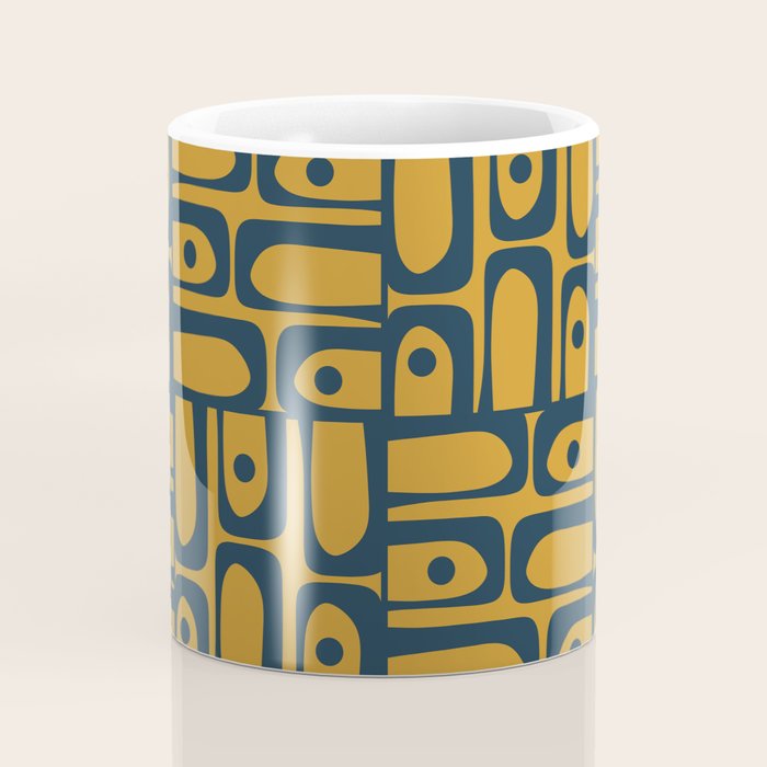 Mid Century Modern Piquet Abstract Multi Geometric Pattern in Dark Mustard and Navy Blue Coffee Mug Gallery Image 4