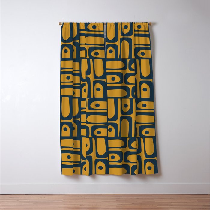 Mid Century Modern Piquet Abstract Multi Geometric Pattern in Dark Mustard and Navy Blue Window Curtain Gallery Image 3