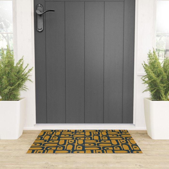 Mid Century Modern Piquet Abstract Multi Geometric Pattern in Dark Mustard and Navy Blue Welcome Mat Gallery Image 3