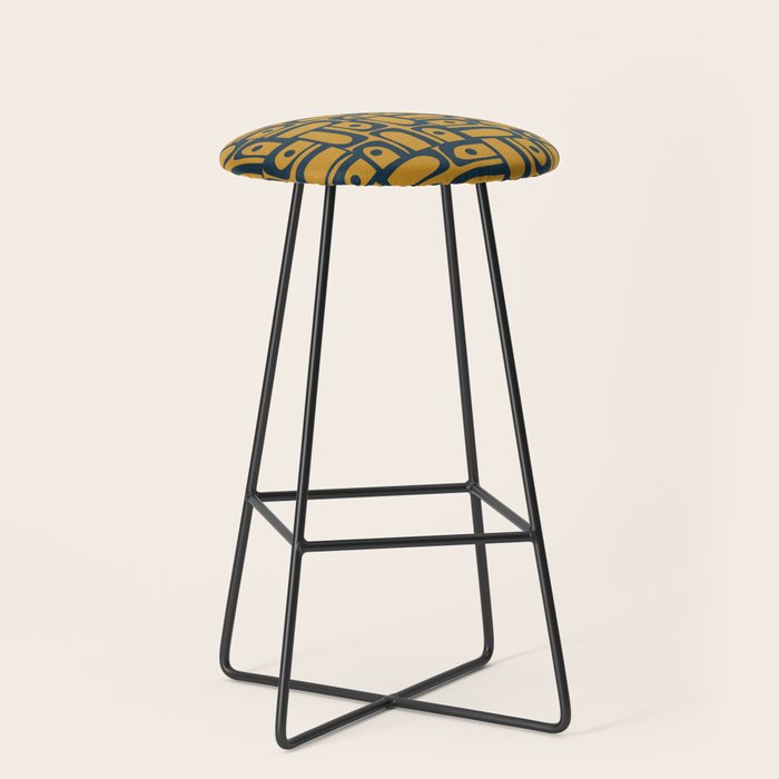 Mid Century Modern Piquet Abstract Multi Geometric Pattern in Dark Mustard and Navy Blue Stool Gallery Image 1