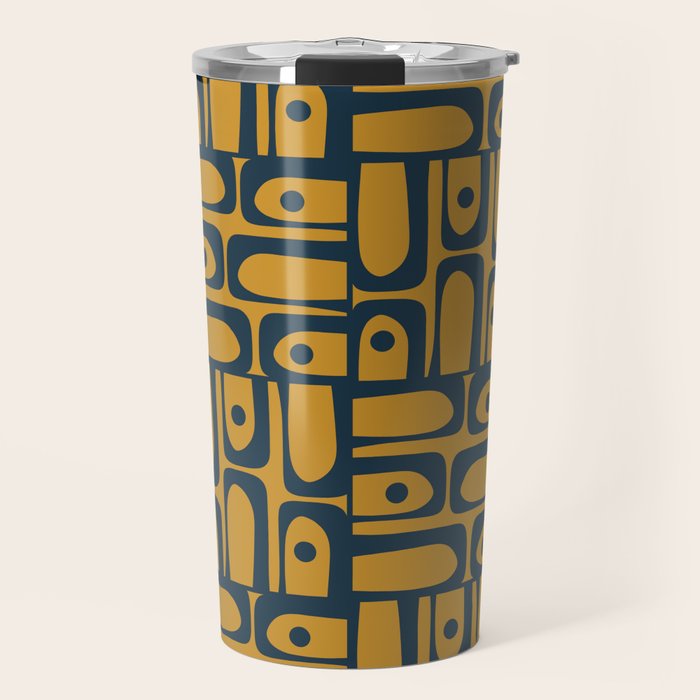 Mid Century Modern Piquet Abstract Multi Geometric Pattern in Dark Mustard and Navy Blue Travel Mug Gallery Image 1