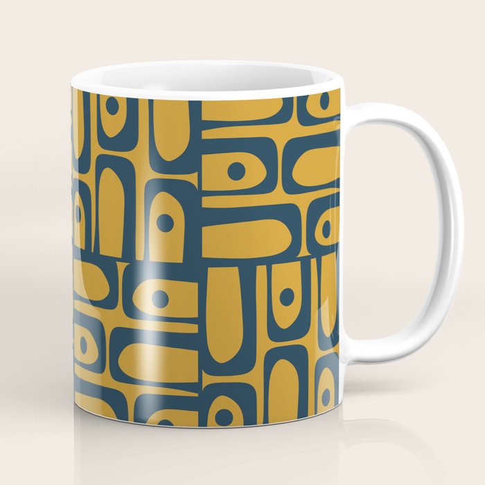 Mid Century Modern Piquet Abstract Multi Geometric Pattern in Dark Mustard and Navy Blue Coffee Mug Gallery Image 1
