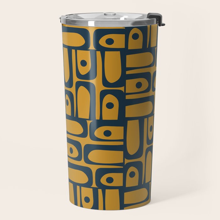 Mid Century Modern Piquet Abstract Multi Geometric Pattern in Dark Mustard and Navy Blue Travel Mug Gallery Image 2