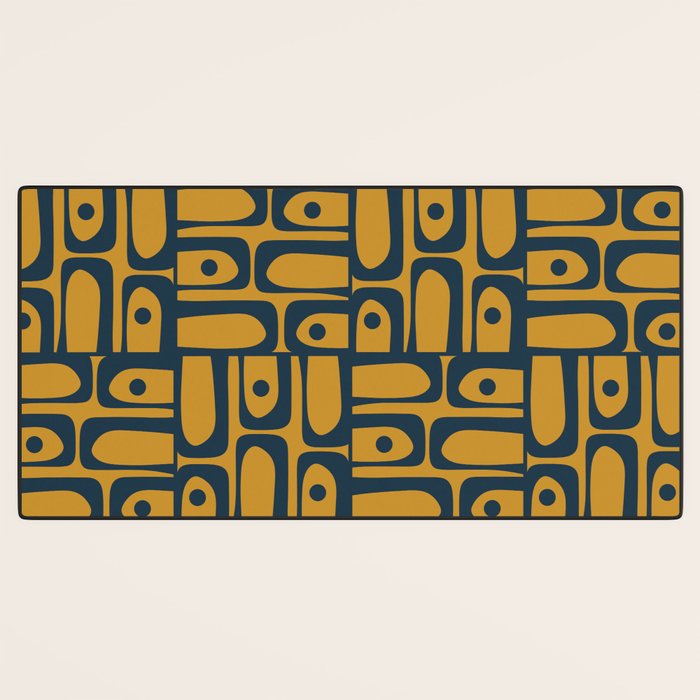 Mid Century Modern Piquet Abstract Multi Geometric Pattern in Dark Mustard and Navy Blue Desk Mat Gallery Image 3