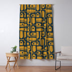 Mid Century Modern Piquet Abstract Multi Geometric Pattern in Dark Mustard and Navy Blue Window Curtain Gallery Image 5