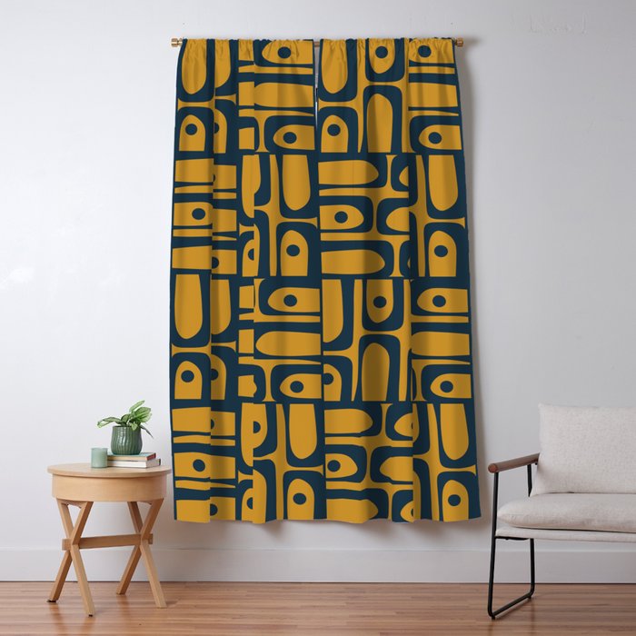 Mid Century Modern Piquet Abstract Multi Geometric Pattern in Dark Mustard and Navy Blue Window Curtain Gallery Image 5