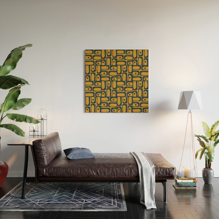 Mid Century Modern Piquet Abstract Multi Geometric Pattern in Dark Mustard and Navy Blue Wood Wall Art Gallery Image 2