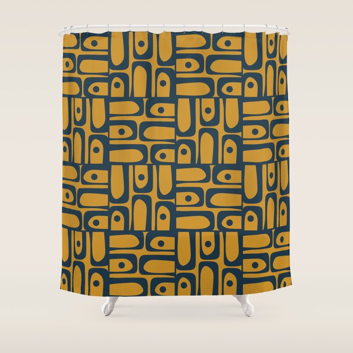 Mid Century Modern Piquet Abstract Multi Geometric Pattern in Dark Mustard and Navy Blue Shower Curtain Gallery Image 1