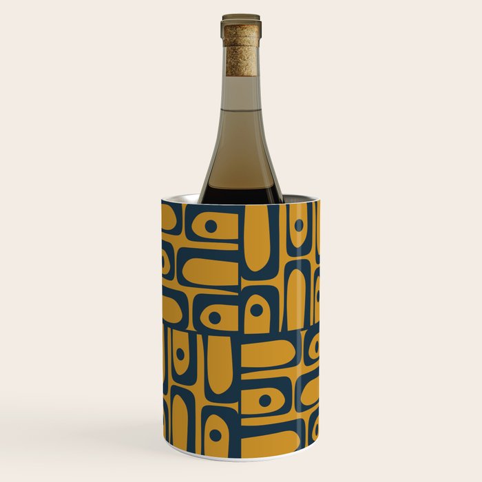 Mid Century Modern Piquet Abstract Multi Geometric Pattern in Dark Mustard and Navy Blue Wine Chiller Gallery Image 1
