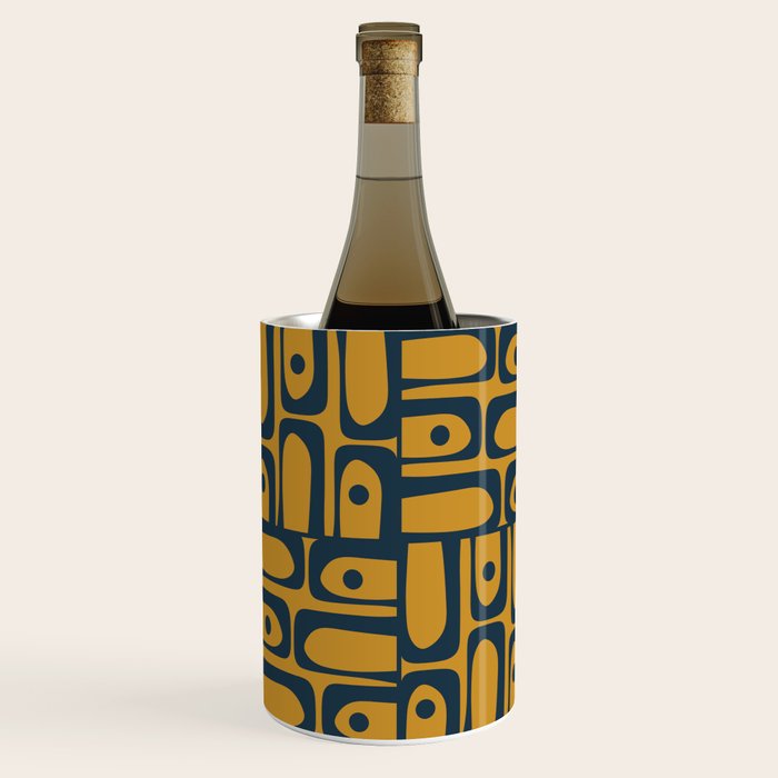 Mid Century Modern Piquet Abstract Multi Geometric Pattern in Dark Mustard and Navy Blue Wine Chiller Gallery Image 3