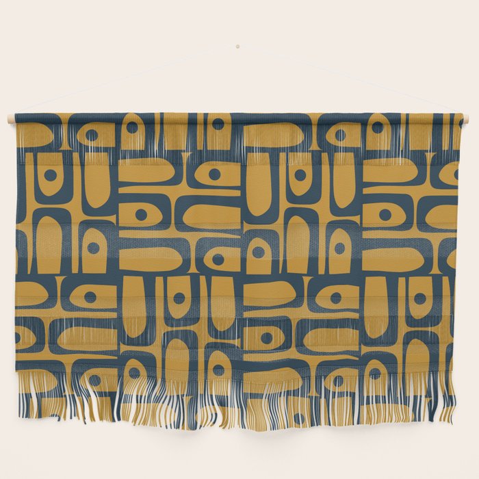 Mid Century Modern Piquet Abstract Multi Geometric Pattern in Dark Mustard and Navy Blue Wall Hanging Gallery Image 1