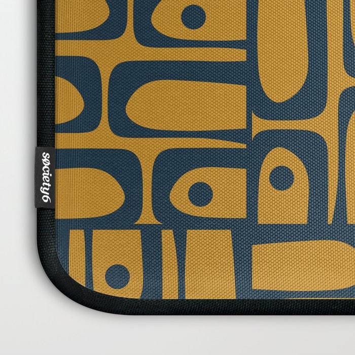Mid Century Modern Piquet Abstract Multi Geometric Pattern in Dark Mustard and Navy Blue Laptop Sleeve Gallery Image 3