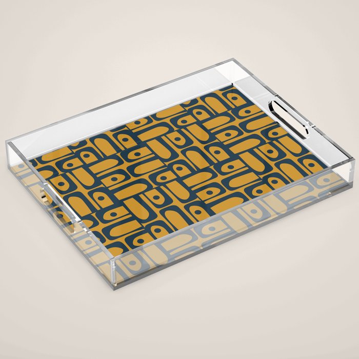 Mid Century Modern Piquet Abstract Multi Geometric Pattern in Dark Mustard and Navy Blue Acrylic Tray Gallery Image 1