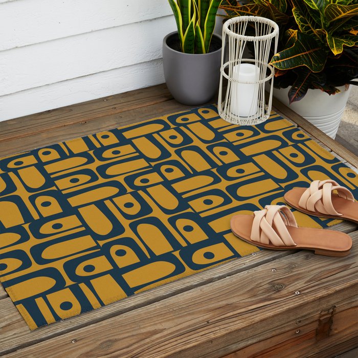 Mid Century Modern Piquet Abstract Multi Geometric Pattern in Dark Mustard and Navy Blue Outdoor Rug Gallery Image 2