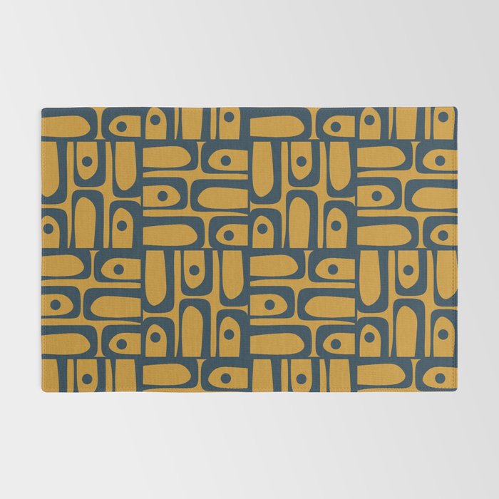 Mid Century Modern Piquet Abstract Multi Geometric Pattern in Dark Mustard and Navy Blue Rug Gallery Image 2