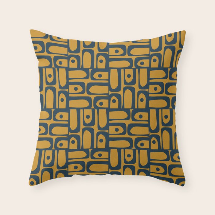 Mid Century Modern Piquet Abstract Multi Geometric Pattern in Dark Mustard and Navy Blue Throw Pillow Gallery Image 1