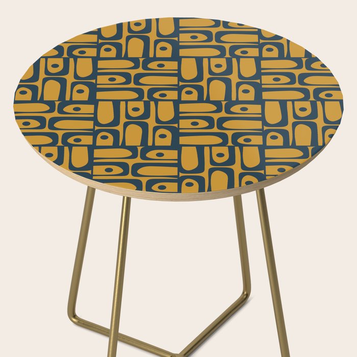 Mid Century Modern Piquet Abstract Multi Geometric Pattern in Dark Mustard and Navy Blue Side Table Gallery Image 2
