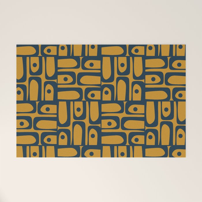Mid Century Modern Piquet Abstract Multi Geometric Pattern in Dark Mustard and Navy Blue Welcome Mat Gallery Image 1