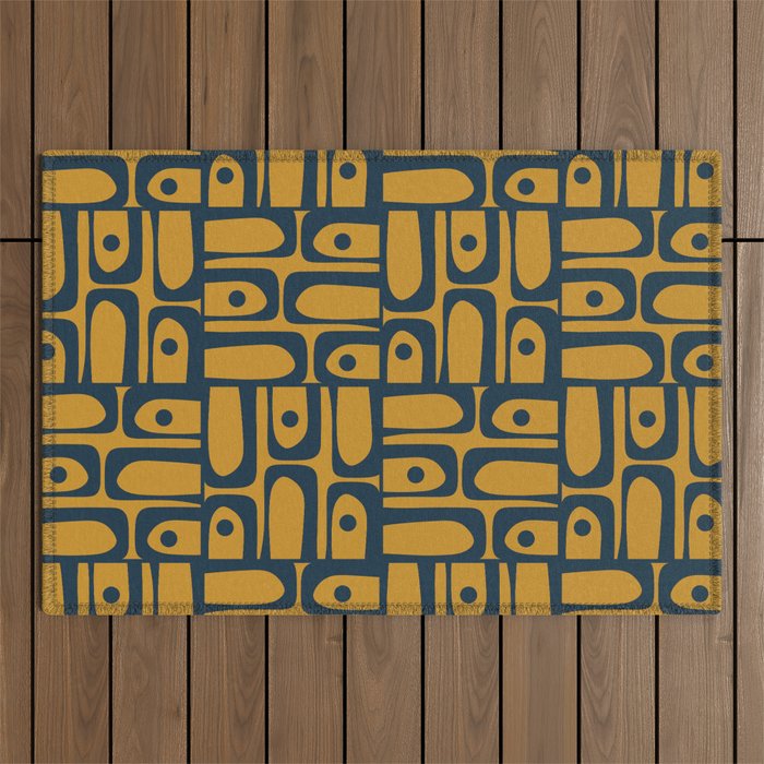 Mid Century Modern Piquet Abstract Multi Geometric Pattern in Dark Mustard and Navy Blue Outdoor Rug Gallery Image 1