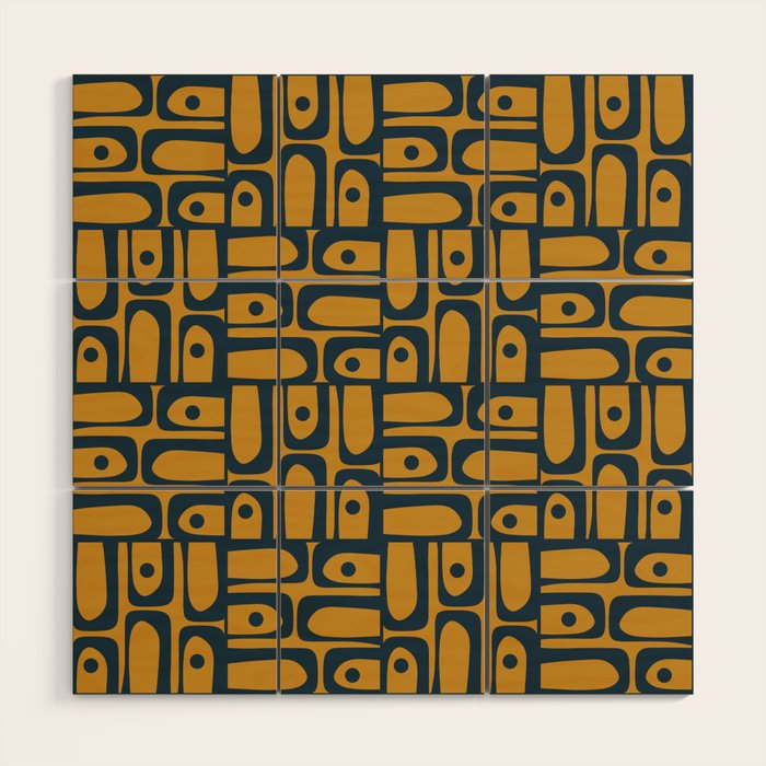 Mid Century Modern Piquet Abstract Multi Geometric Pattern in Dark Mustard and Navy Blue Wood Wall Art Gallery Image 1