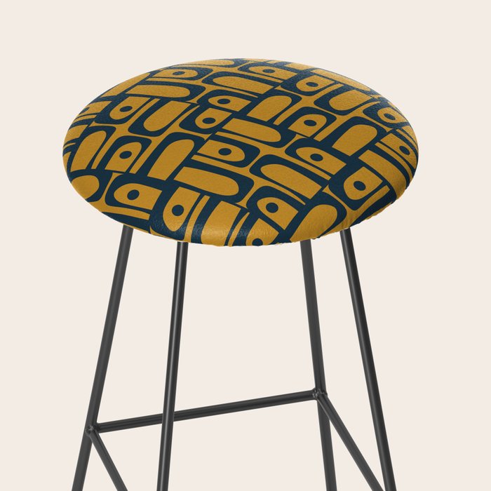 Mid Century Modern Piquet Abstract Multi Geometric Pattern in Dark Mustard and Navy Blue Stool Gallery Image 2