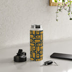 Mid Century Modern Piquet Abstract Multi Geometric Pattern in Dark Mustard and Navy Blue Water Bottle Gallery Image 4