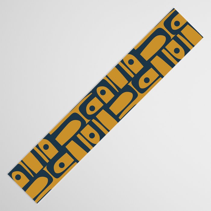 Mid Century Modern Piquet Abstract Multi Geometric Pattern in Dark Mustard and Navy Blue Table Runner Gallery Image 3