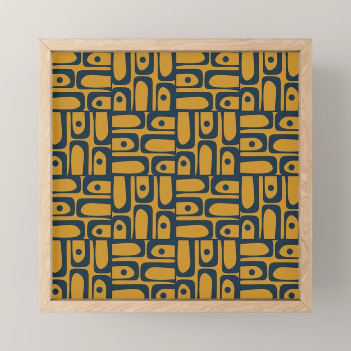 Mid Century Modern Piquet Abstract Multi Geometric Pattern in Dark Mustard and Navy Blue Mini Art Print Gallery Image 1