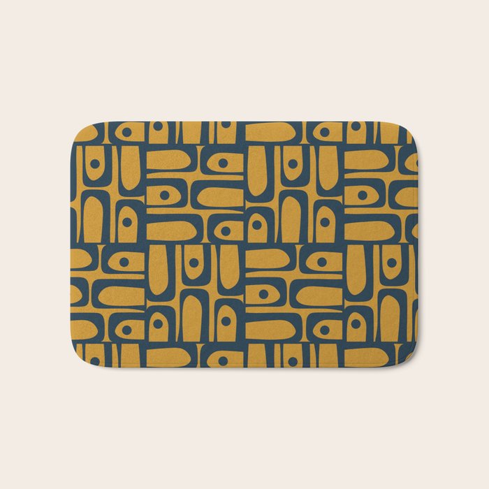 Mid Century Modern Piquet Abstract Multi Geometric Pattern in Dark Mustard and Navy Blue Bath Mat Gallery Image 1