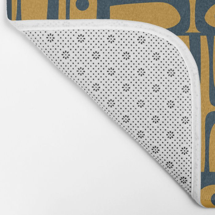 Mid Century Modern Piquet Abstract Multi Geometric Pattern in Dark Mustard and Navy Blue Bath Mat Gallery Image 2