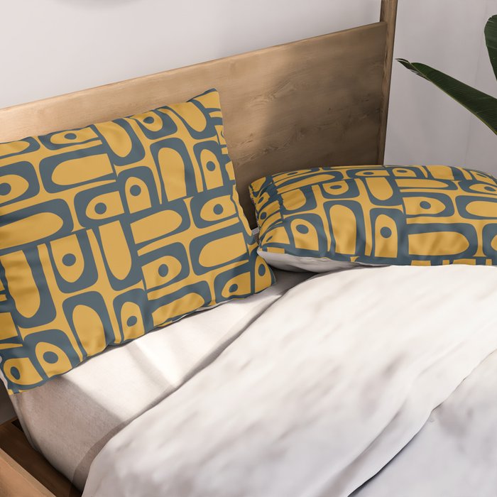 Mid Century Modern Piquet Abstract Multi Geometric Pattern in Dark Mustard and Navy Blue Pillow Sham Gallery Image 2