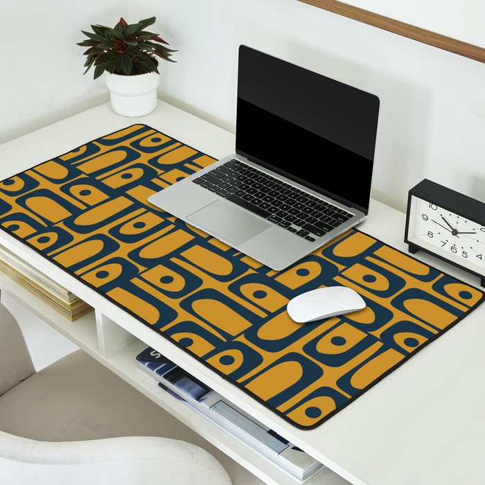 Mid Century Modern Piquet Abstract Multi Geometric Pattern in Dark Mustard and Navy Blue Desk Mat Gallery Image 2