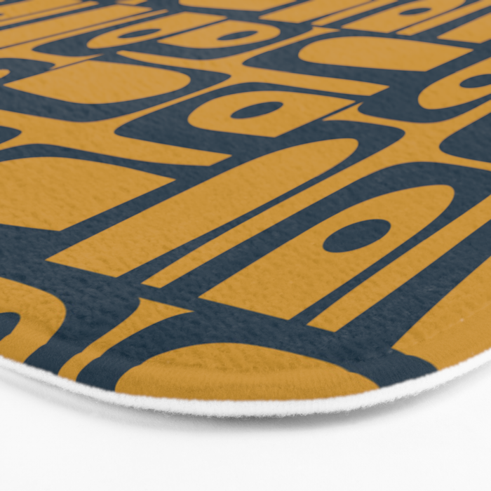 Mid Century Modern Piquet Abstract Multi Geometric Pattern in Dark Mustard and Navy Blue Bath Mat Gallery Image 3