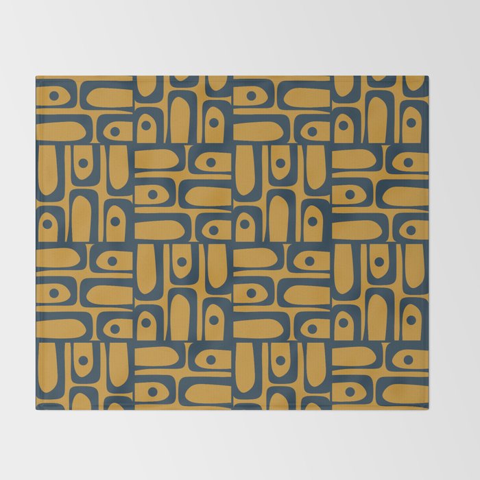 Mid Century Modern Piquet Abstract Multi Geometric Pattern in Dark Mustard and Navy Blue Throw Blanket Gallery Image 2