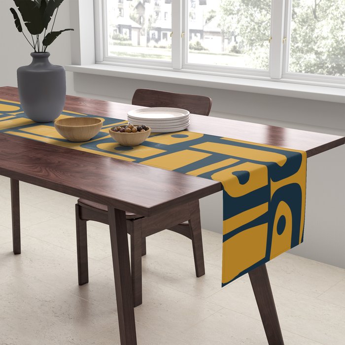 Mid Century Modern Piquet Abstract Multi Geometric Pattern in Dark Mustard and Navy Blue Table Runner Gallery Image 2