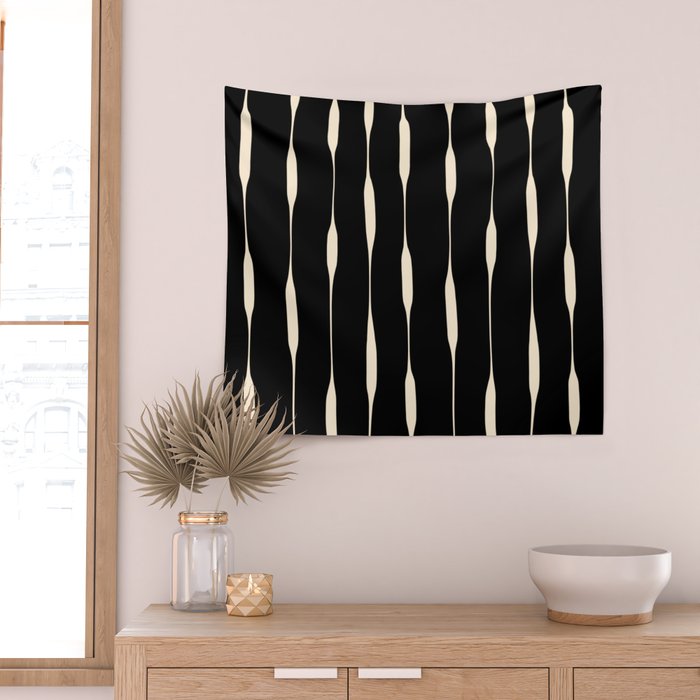 Threaded Stripes Painted Pattern in Black and Cream Wall Tapestry Gallery Image 2