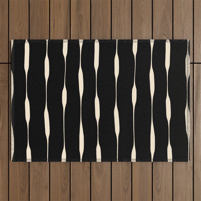 Threaded Stripes Painted Pattern in Black and Cream Outdoor Rug Gallery Image 1