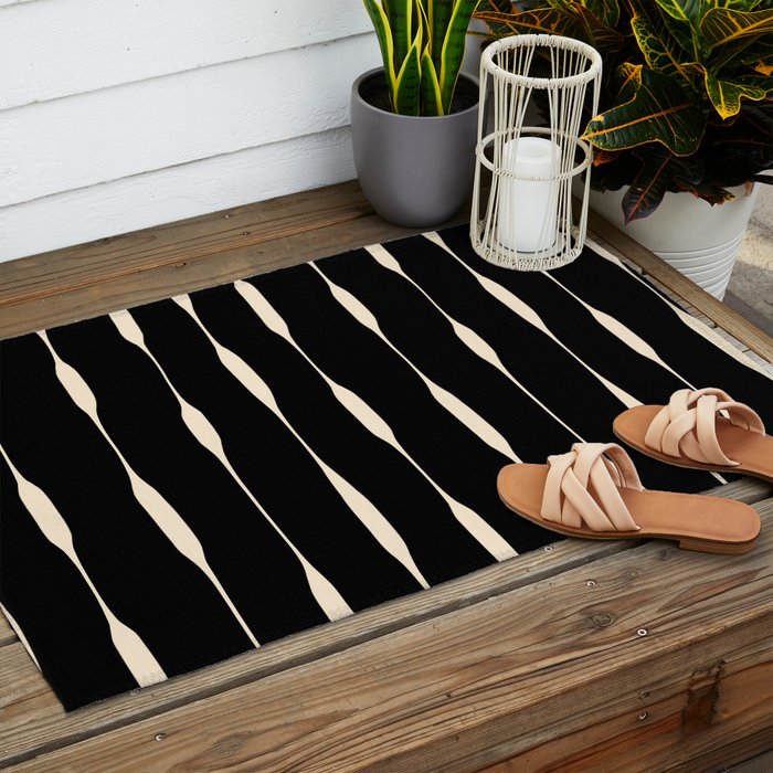 Threaded Stripes Painted Pattern in Black and Cream Outdoor Rug Gallery Image 2