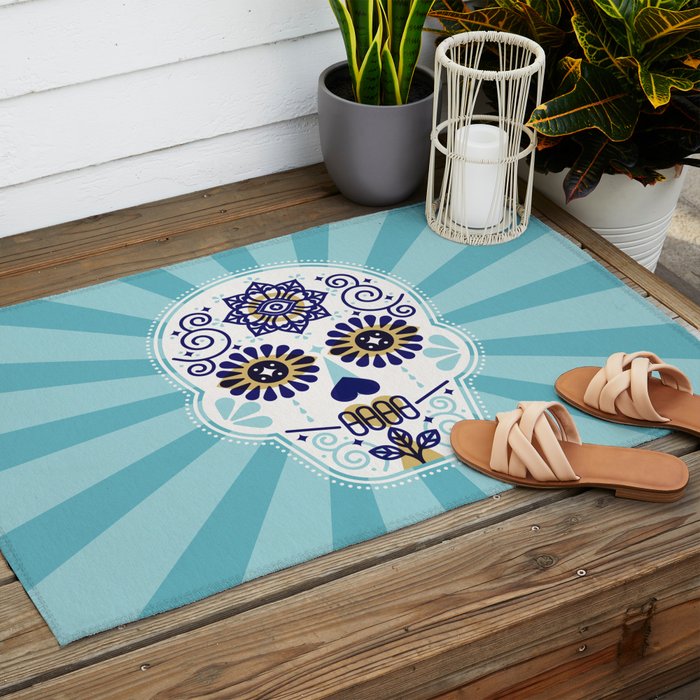 DÃ­a de Muertos â¢ Mexican Sugar Skull - Baby Blue Palette Outdoor Rug Gallery Image 2