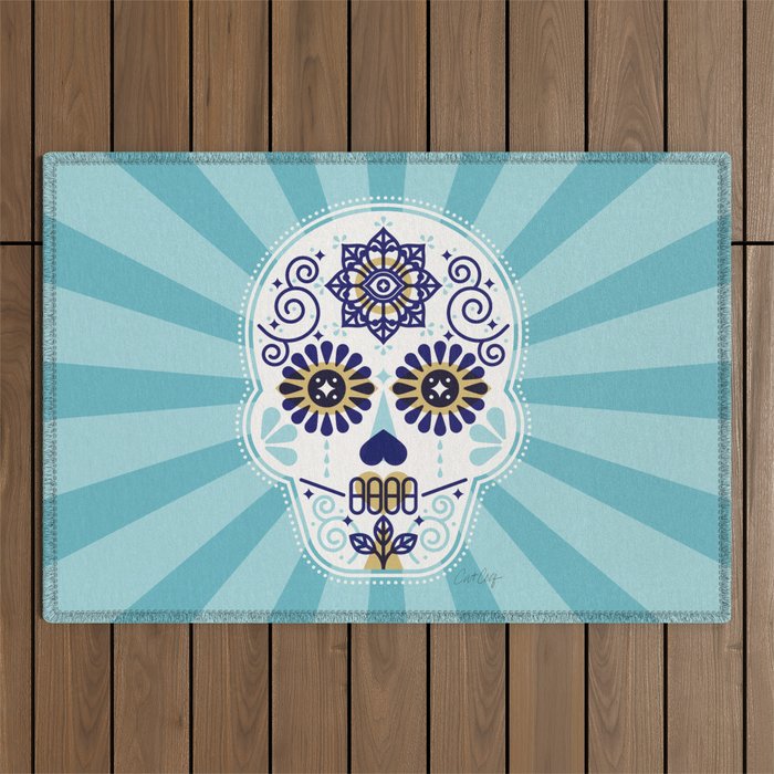 DÃ­a de Muertos â¢ Mexican Sugar Skull - Baby Blue Palette Outdoor Rug Gallery Image 1