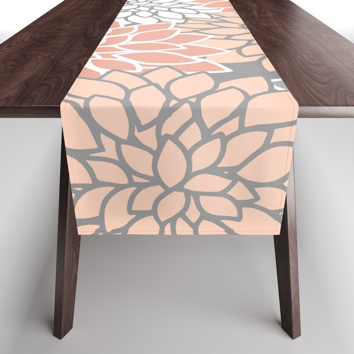 Dahlia Floral Blooms, Peach and Gray Table Runner Gallery Image 1