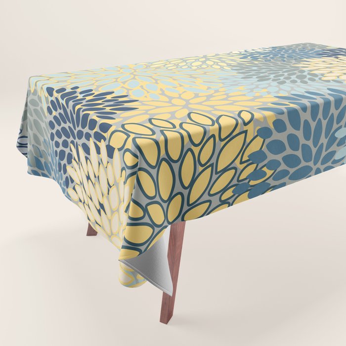 Floral Print, Yellow, Gray, Blue, Teal Tablecloth Gallery Image 1